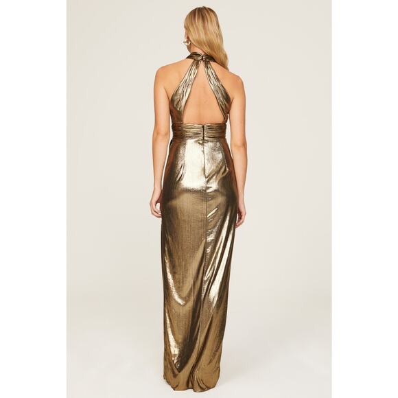 Mac Duggal Sz 0 Gold Metallic Draped Slit Halter Neck Cocktail Evening Gown - Picture 2 of 8